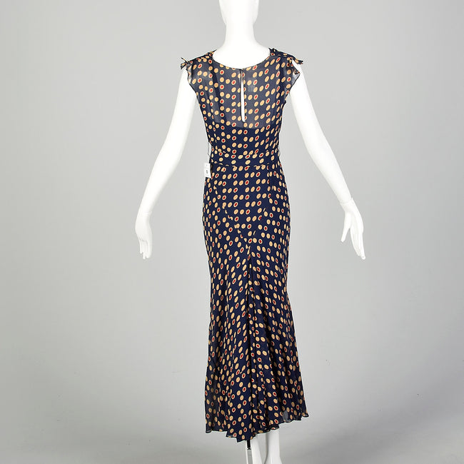 XXS 1930s Navy Blue Bias Cut Dress Sleeveless Polka Dot Print