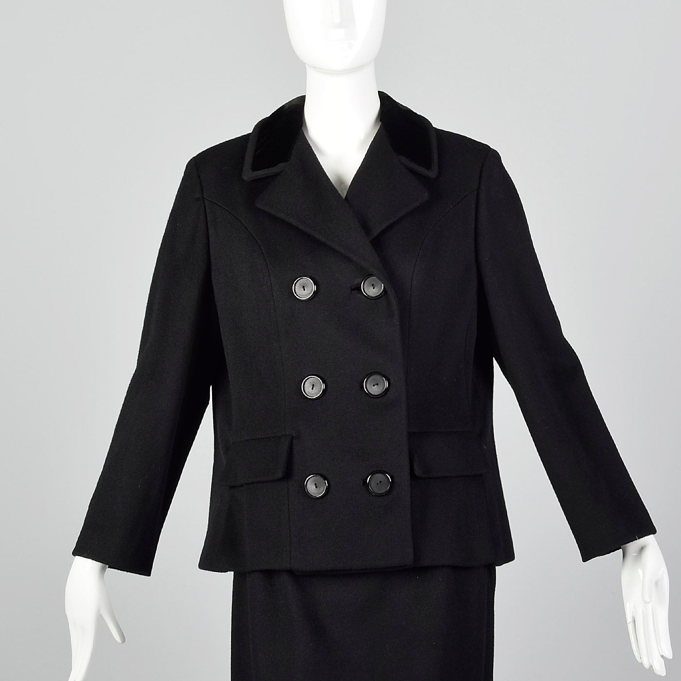 1960s Black Winter Skirt Suit with Boxy Jacket and Pencil Skirt