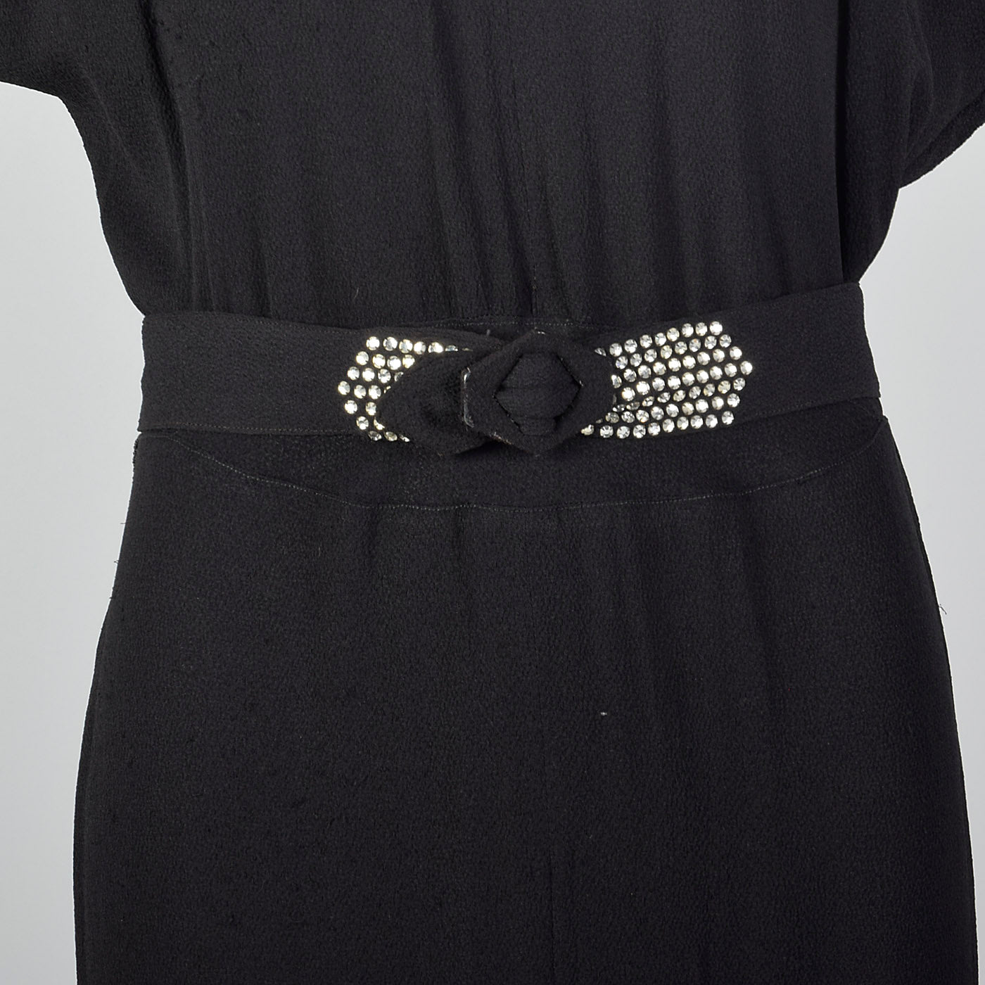 1940s Black Rayon Dress with Rhinestone Collar