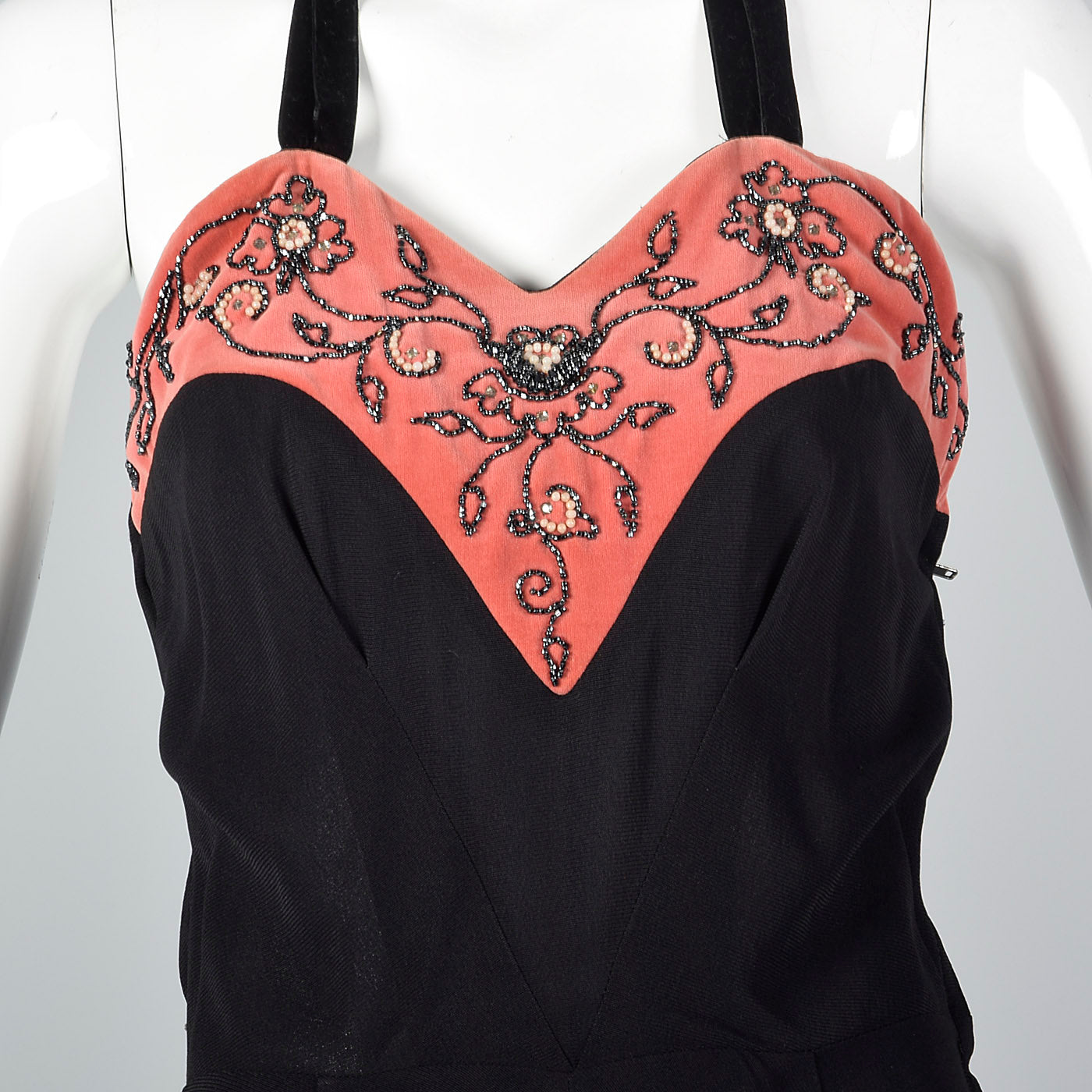 1930s Black Halter Dress with Pink Velvet Neckline