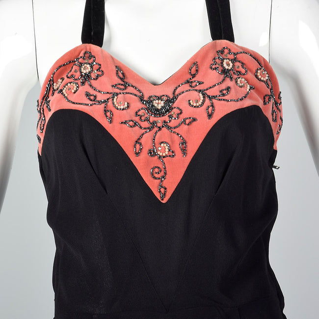 1930s Black Halter Dress with Pink Velvet Neckline