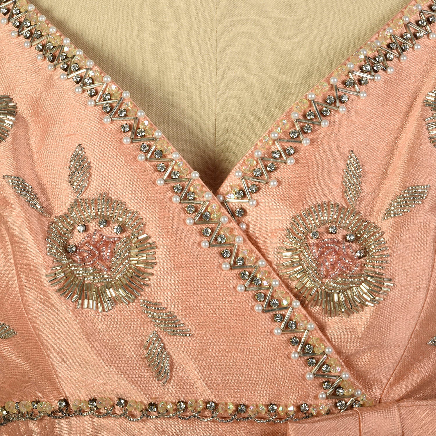 Large 1960s Peach Dress Deadstock Bead Embroidered Empire Waist Babydoll