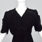 Large 1940s Black Velvet Dress with Open Sleeve Detail