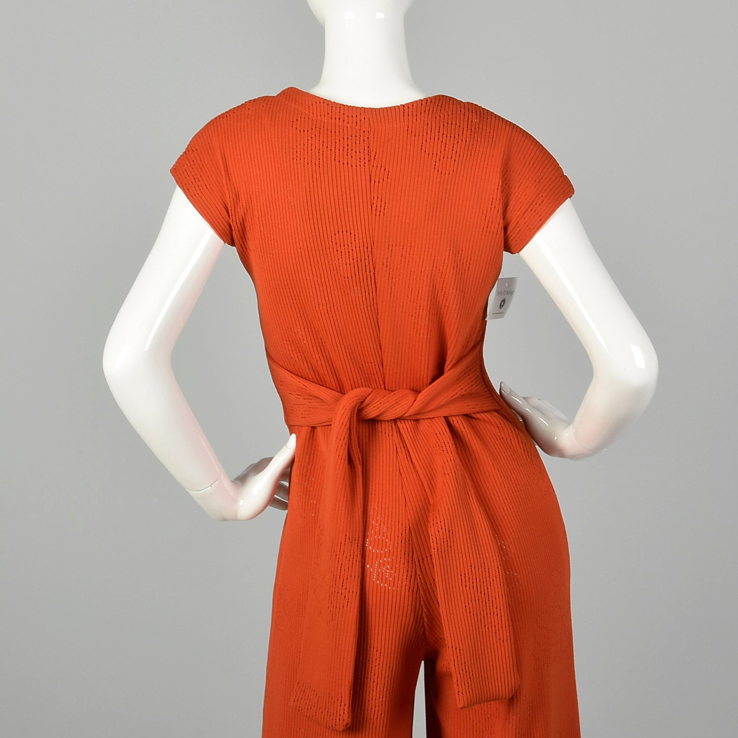 Small 1970s Wide Leg Orange Ribbed Knit Jumpsuit Sexy Tieback Waist