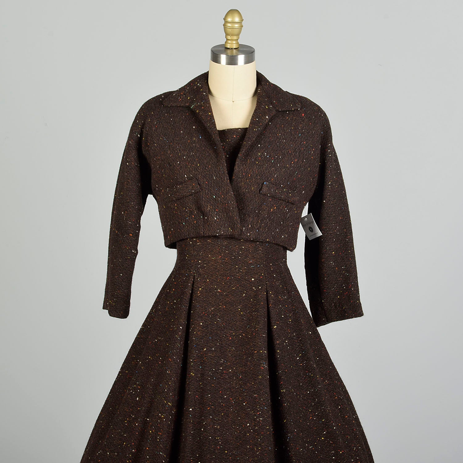 Small 1950s Wool Rainbow Fleck Set Brown Winter Jacket Dress Tweed Ensemble