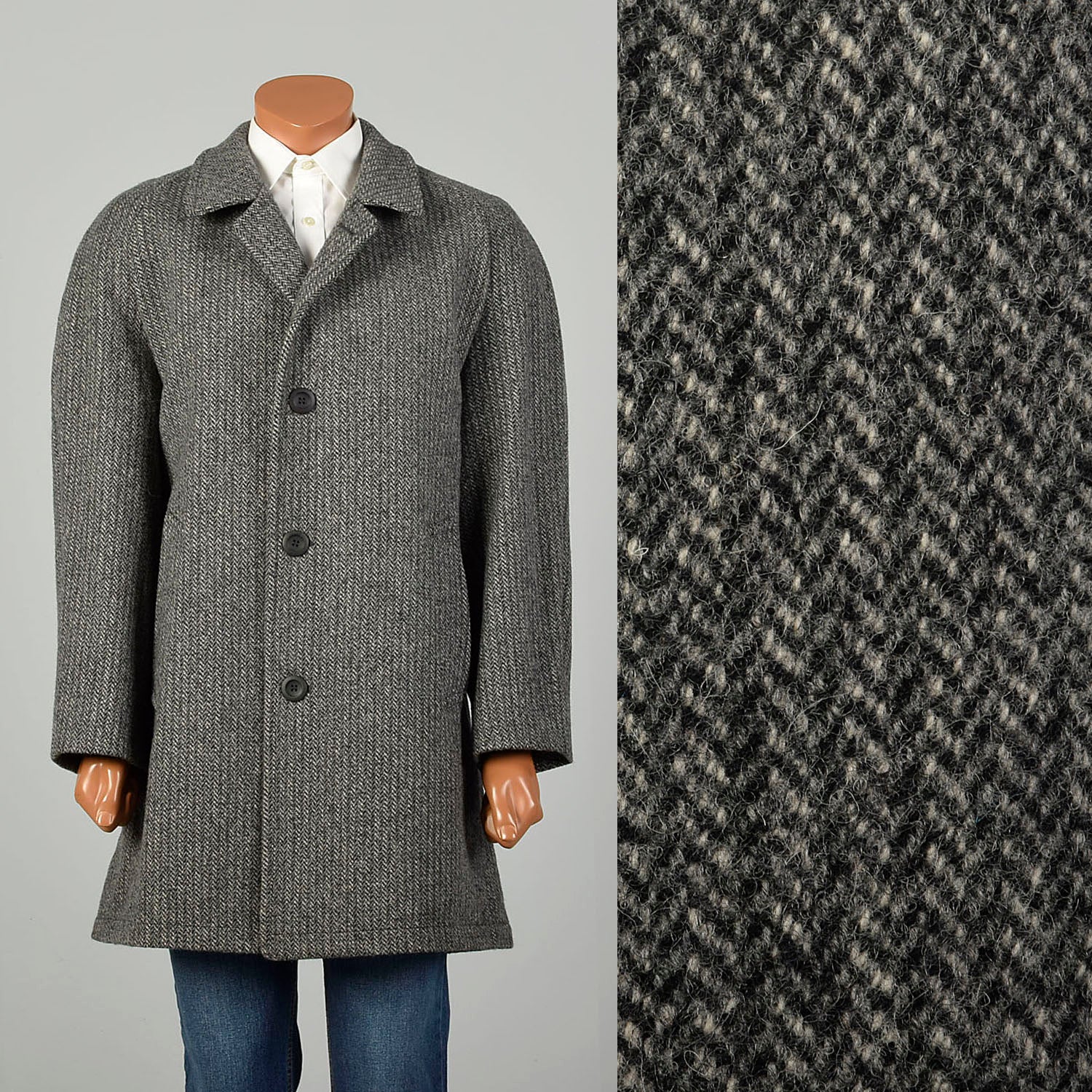 Large 1980s Car Coat Grey Wool Herringbone Tweed Winter Outerwear