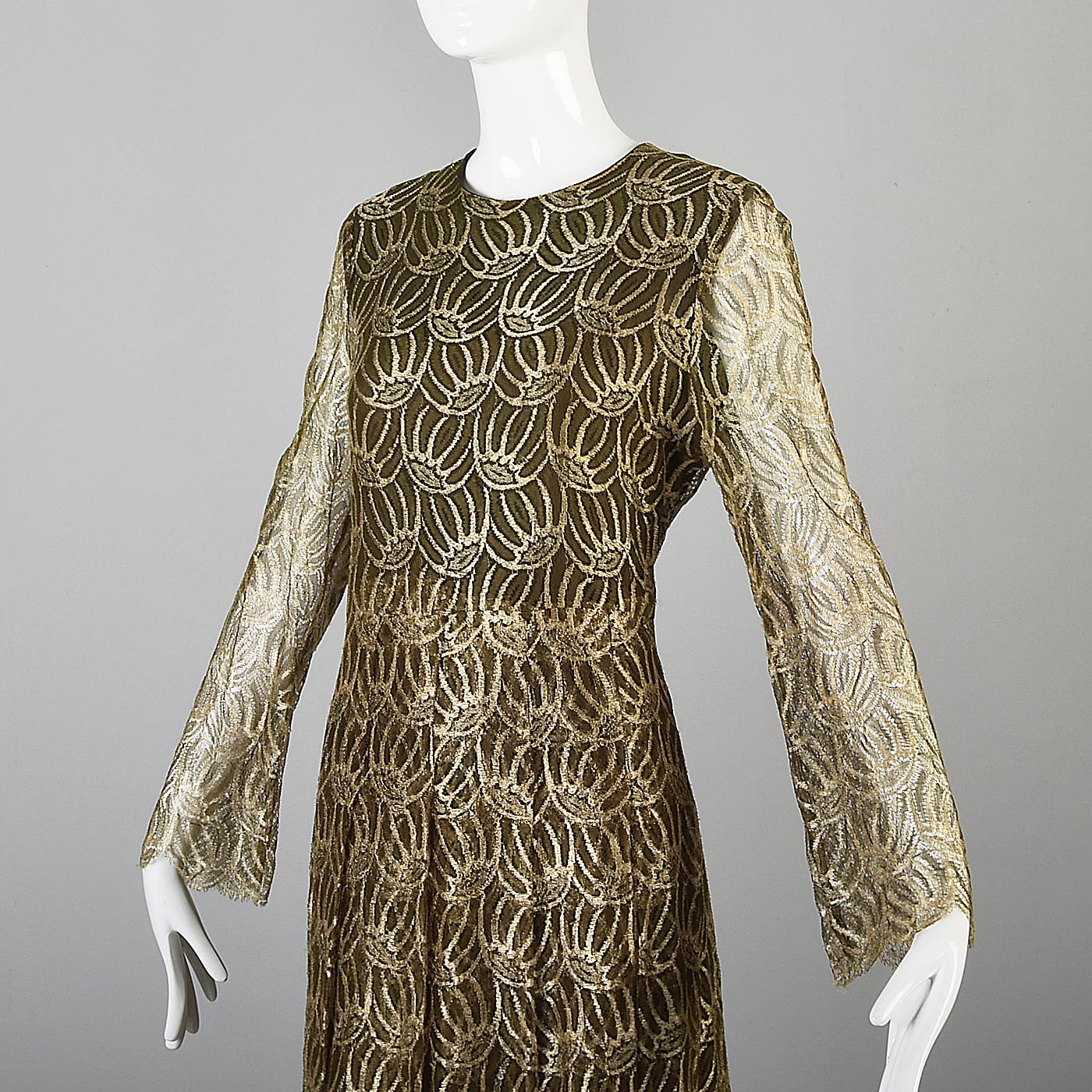 1960s Christian Dior Boutique Numbered Couture Gold Lace Gown