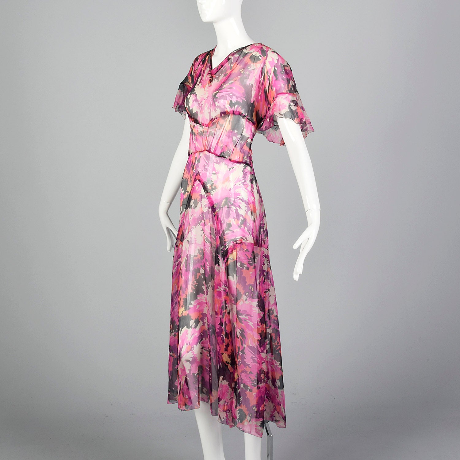 1930s Pink Silk Dress with Flutter Sleeves