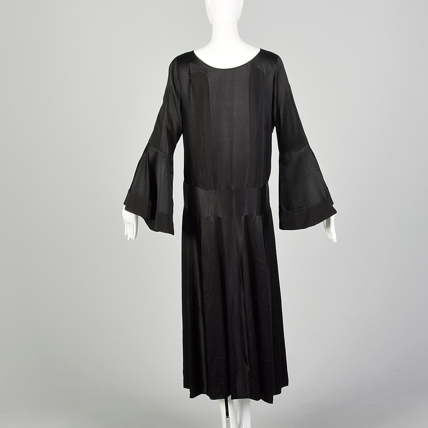 Large 1920s Silk Dress Black on Black Art Deco Trumpet Bell Sleeve Evening Gown