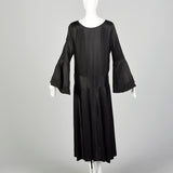 Large 1920s Silk Dress Black on Black Art Deco Trumpet Bell Sleeve Evening Gown