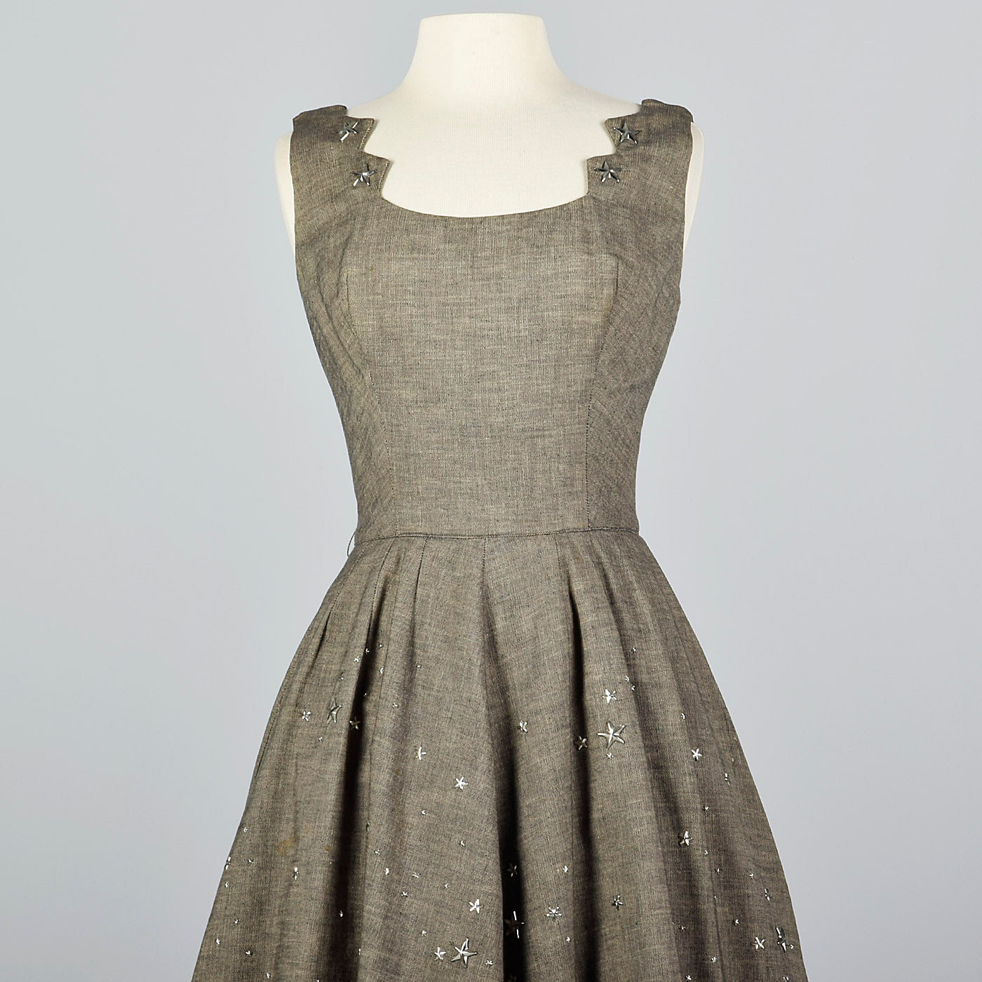 1950s Black Linen Dress with Silver Star Studs