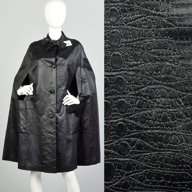 OSFM 1970s Black Animal Print Cape Goth Cloak Attached Neck Tie Vegan Leather