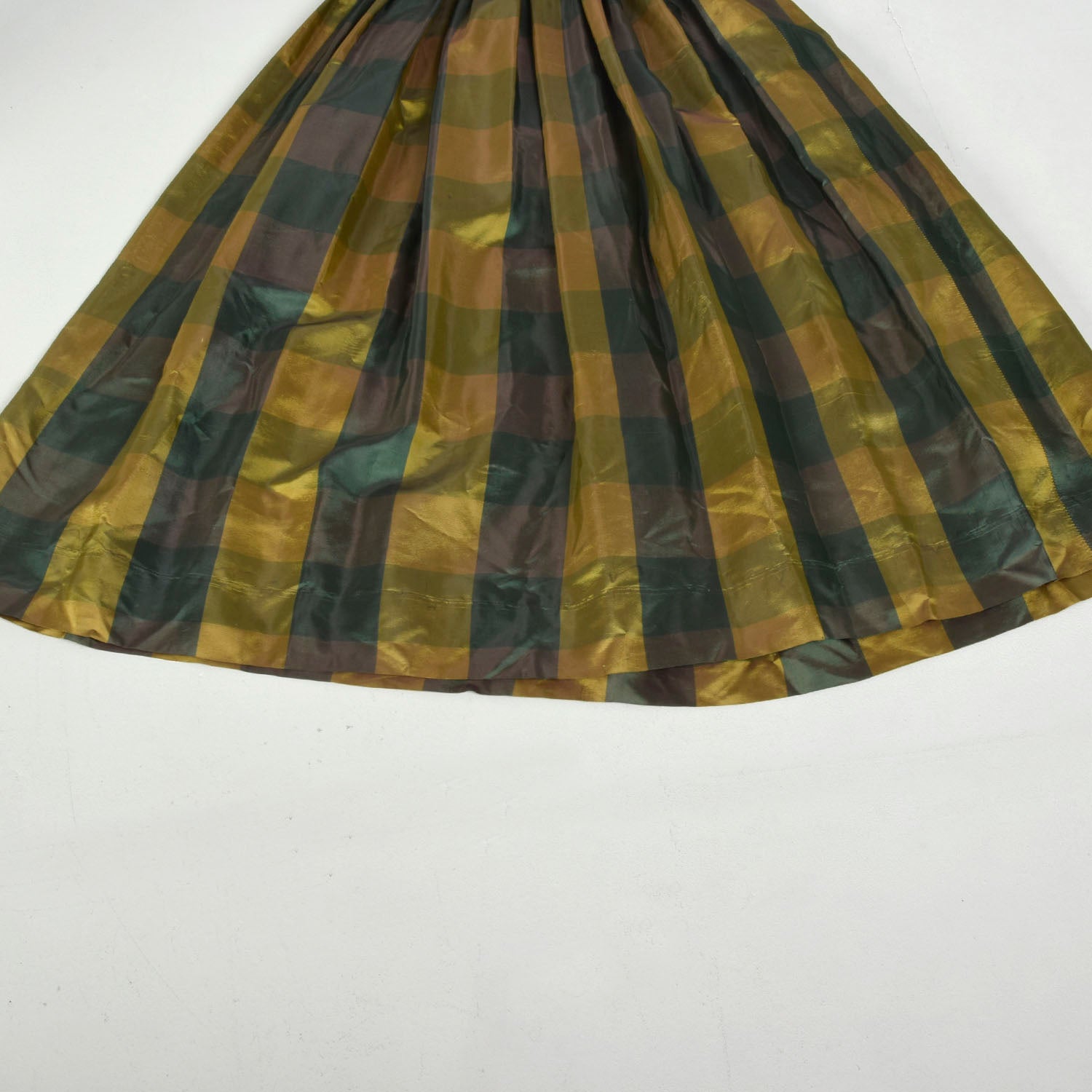 XS 1940s Green Gold Taffeta Party Dress Plaid Tea Length Gown Chevron Bodice