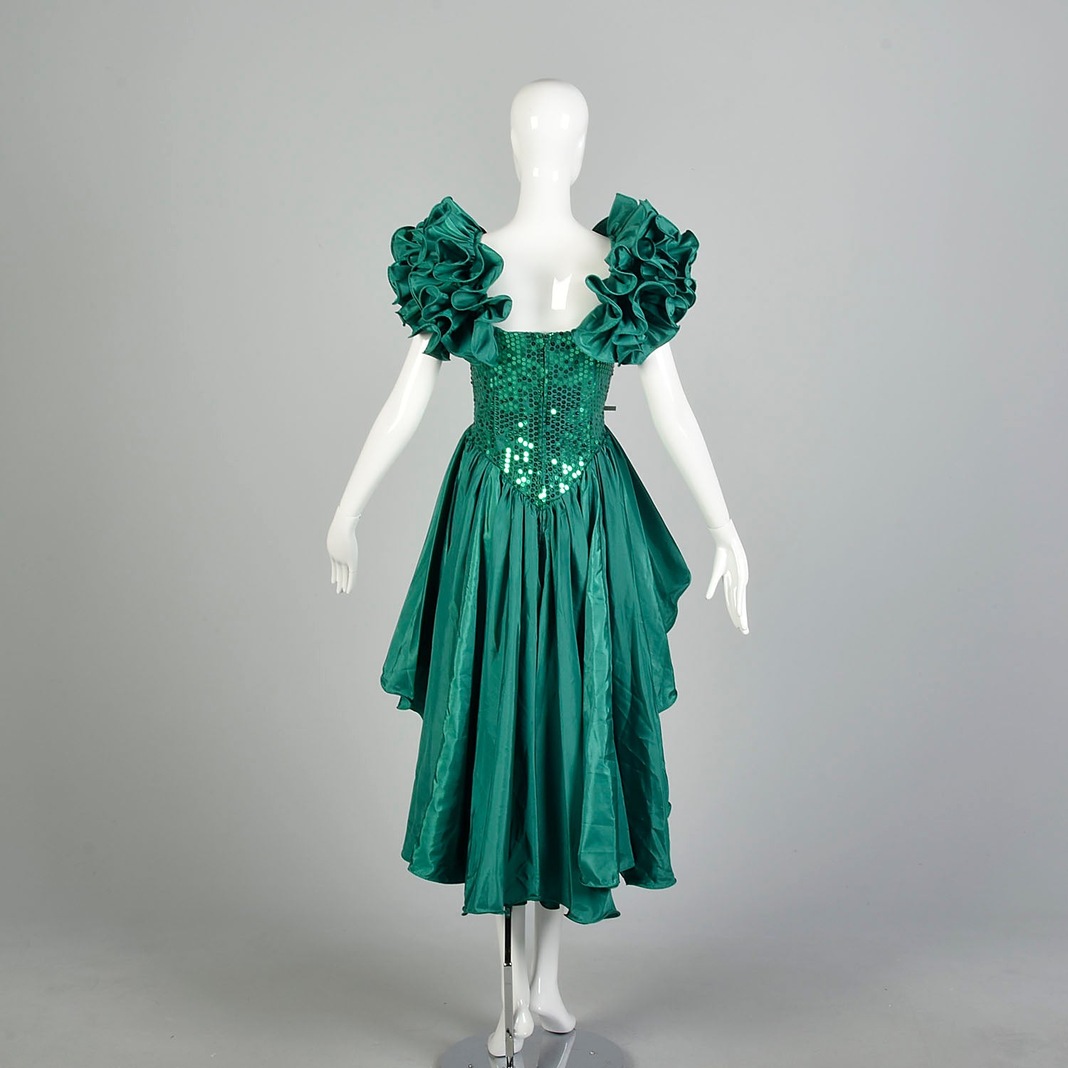Medium 1980s Sequin Peplum Prom Dress Green Silver Hi-Low Hem Mini Pen Style & Salvage Medium 1980s Sequin Peplum Prom Dress Green Silver Hi-Low Hem Mini Pen Style & Salvage