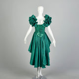 Medium 1980s Sequin Peplum Prom Dress Green Silver Hi-Low Hem Mini Pencil Skirt