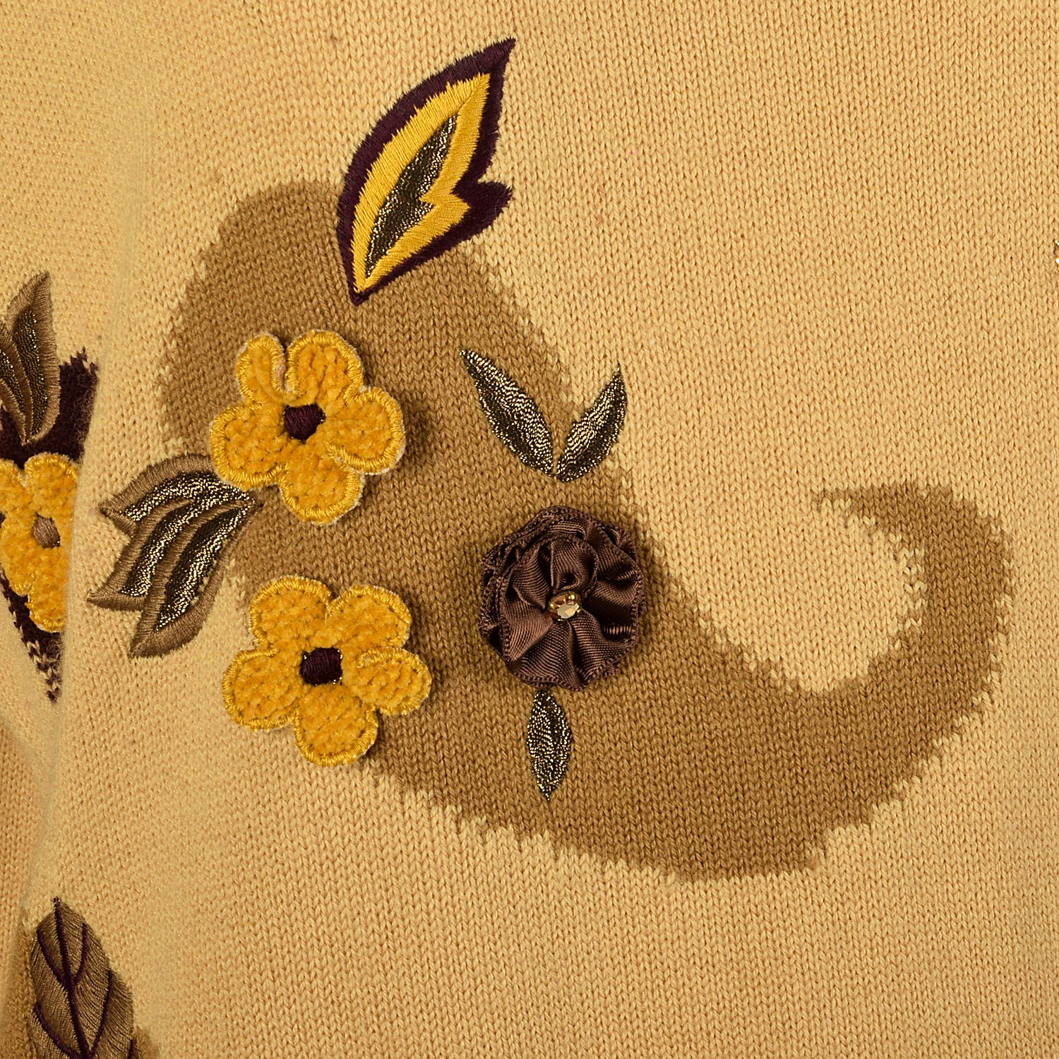 Large Escada 1980s  Tan Brown Sweater with Floral Appliques