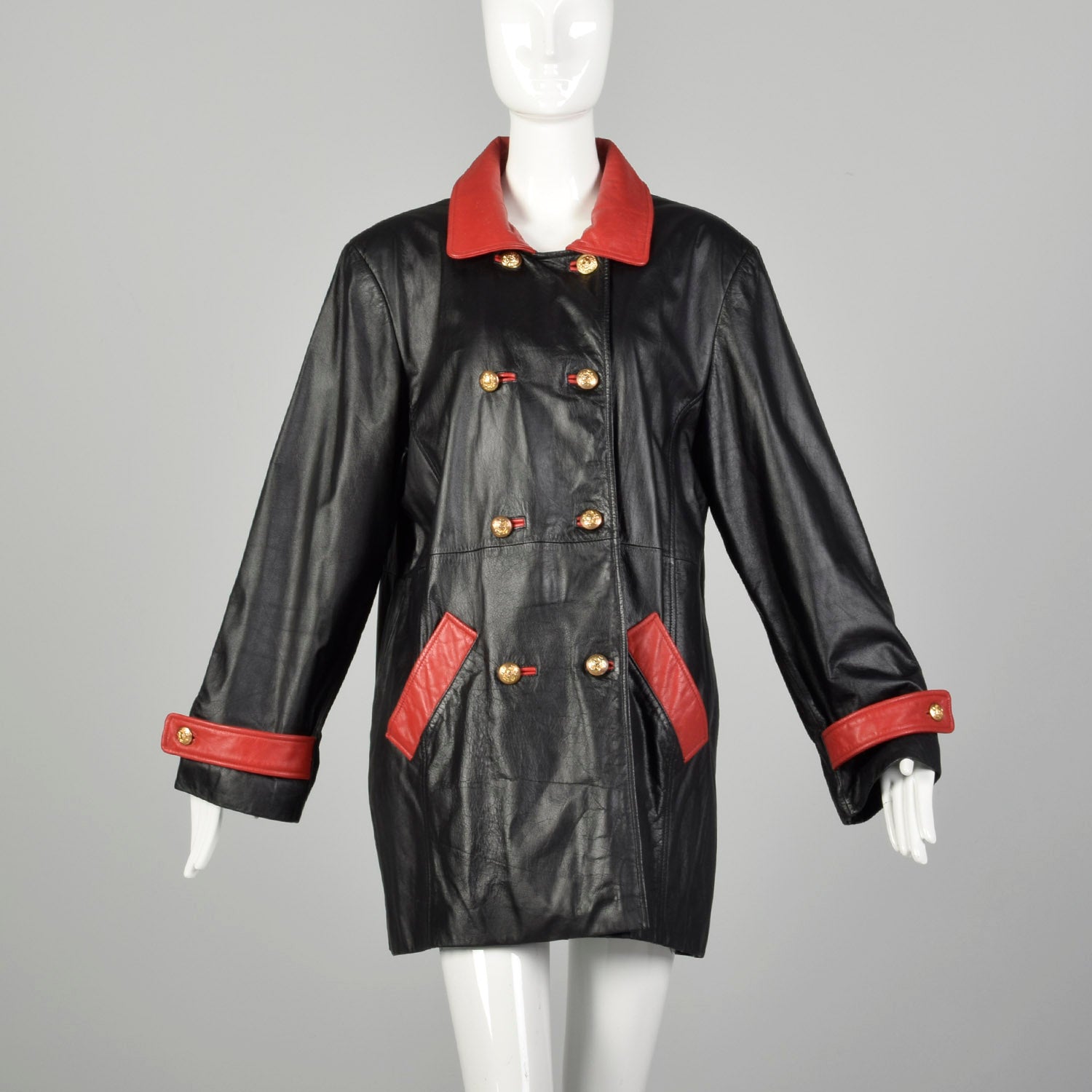 XL 1980s Military Inspired Black Leather Jacket Double Breasted with Red Trim