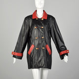 XL 1980s Military Inspired Black Leather Jacket Double Breasted with Red Trim
