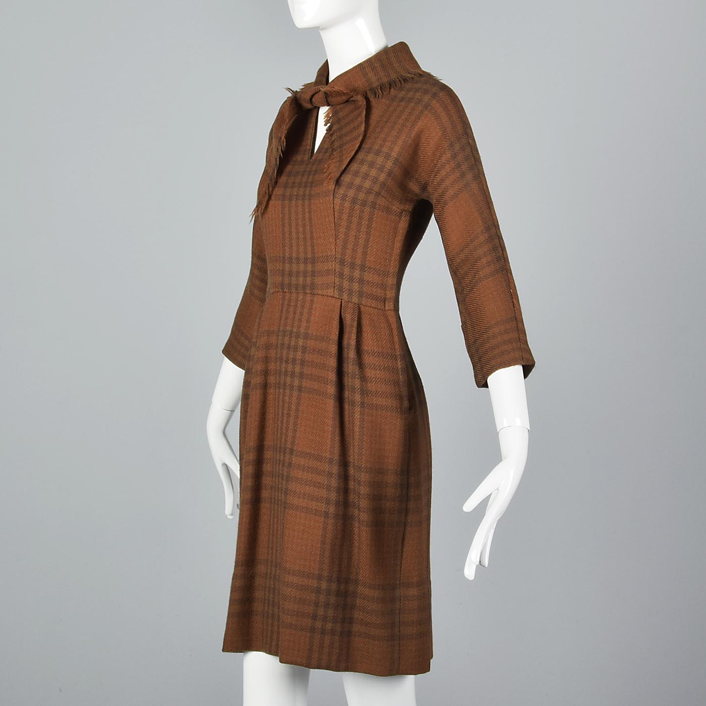 1950s Plaid Wool Dress with Attached Faux Scarf