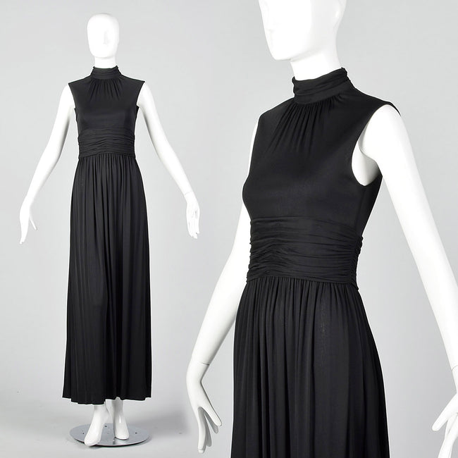 1970s Black Jersey Knit Maxi Dress