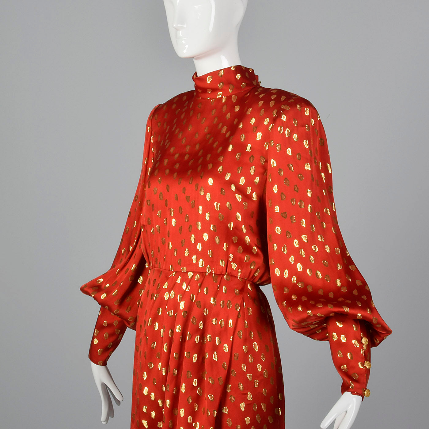 1980s Guy Laroche Red Silk Pencil Dress with Metallic Gold Design