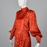1980s Guy Laroche Red Silk Pencil Dress with Metallic Gold Design