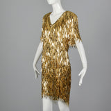 1980s Gold Silk Dress with Dangling Sequin Fringe