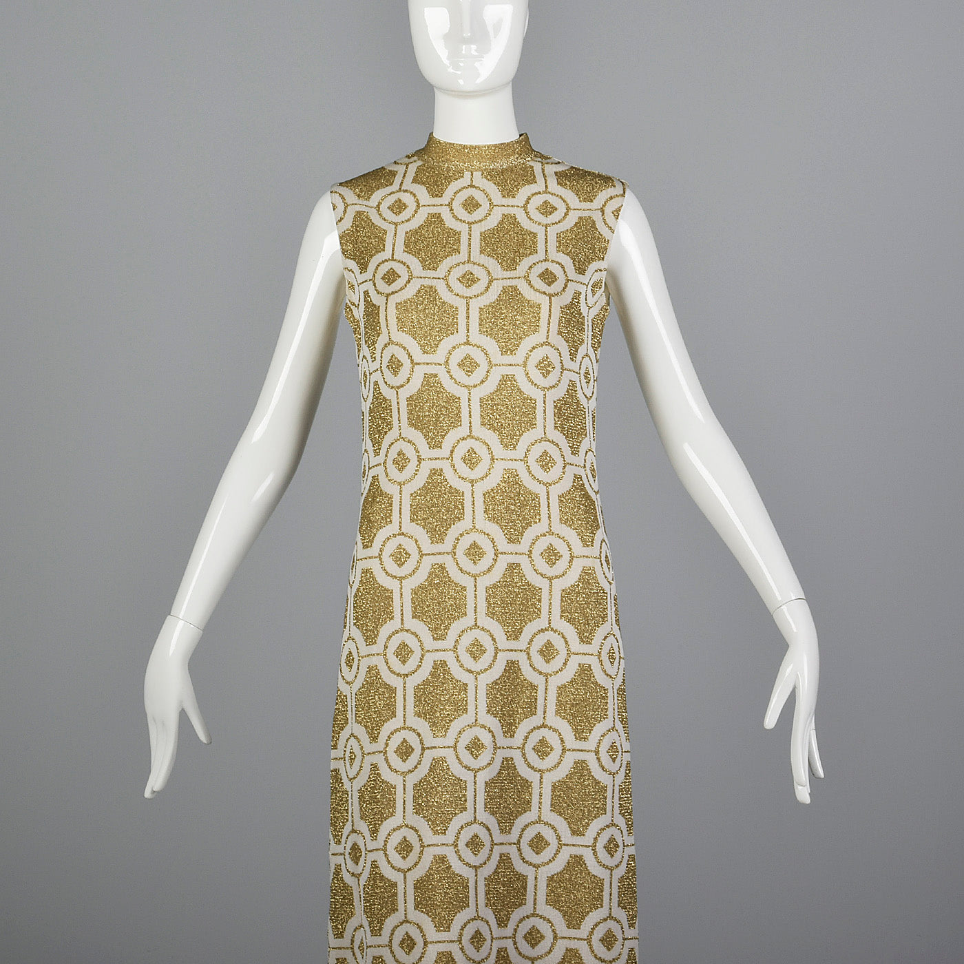 Incredible 1960s Balmain Les Tricots Geometric Gold Knit Maxi Dress