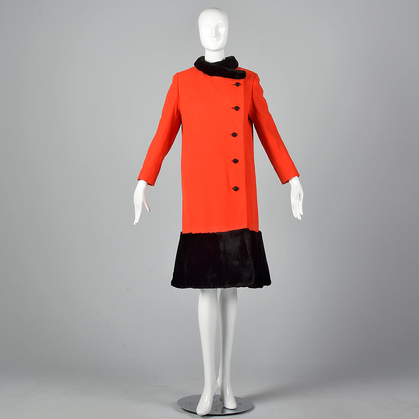 1960s Asymmetric Red Winter Coat with Black Sheared Fur Trim