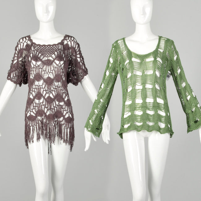 S/M 1990s Open Weave Crochet Fringe Top Plum and Green