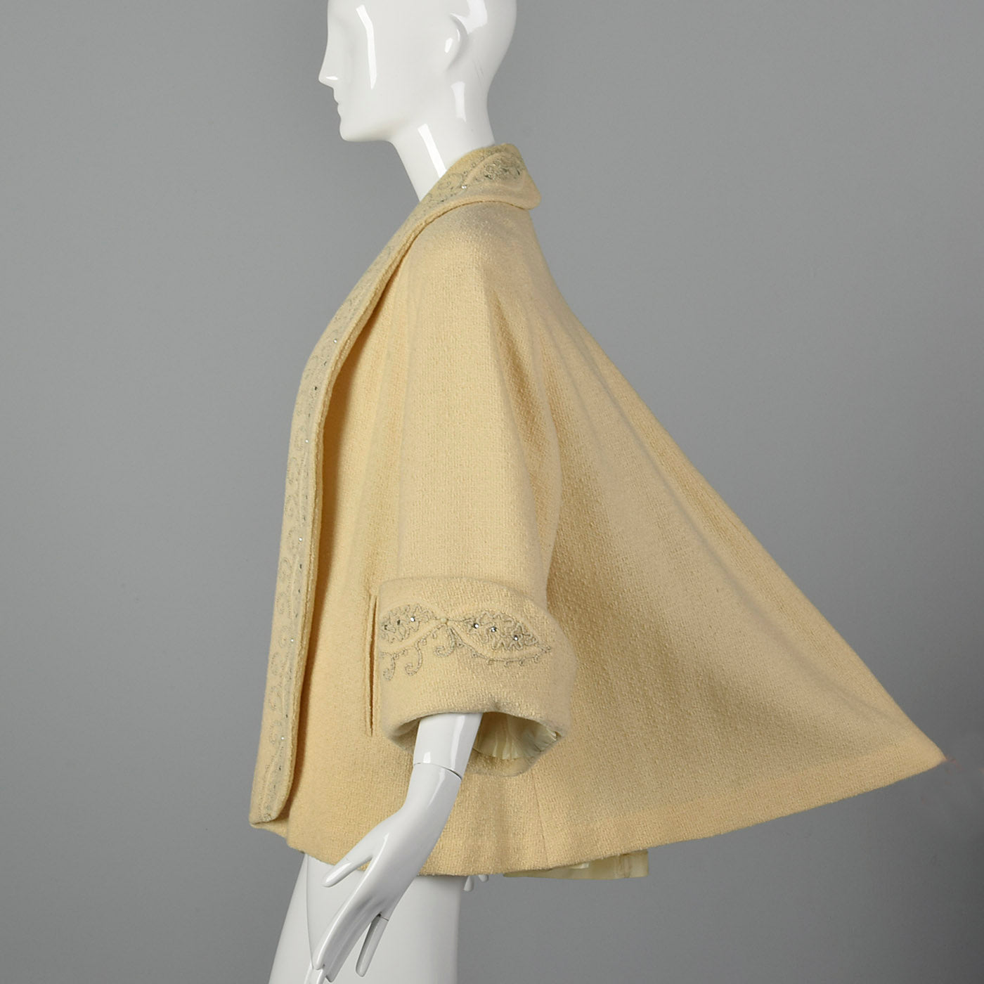 1950s Cream Wool Swing Coat with Extra Wide Cuffs
