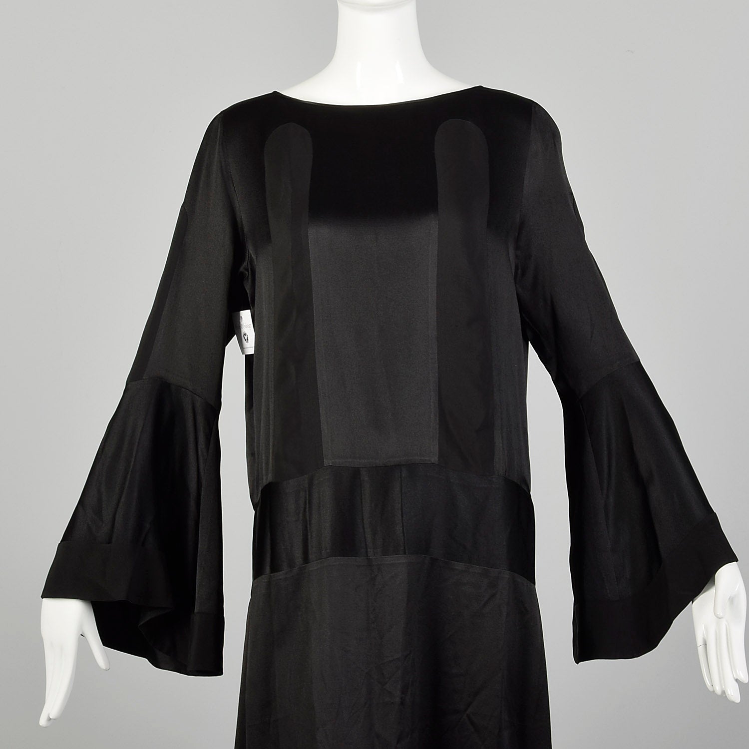Large 1920s Silk Dress Black on Black Art Deco Trumpet Bell Sleeve Evening Gown