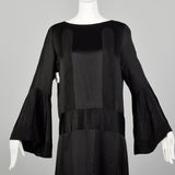 Large 1920s Silk Dress Black on Black Art Deco Trumpet Bell Sleeve Evening Gown