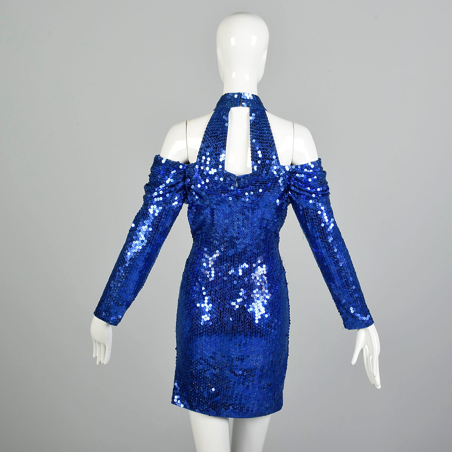 Small 1990s Blue Sequin Body Con Party Dress Long Sleeve Mini Dress Cold Shoulder Dress