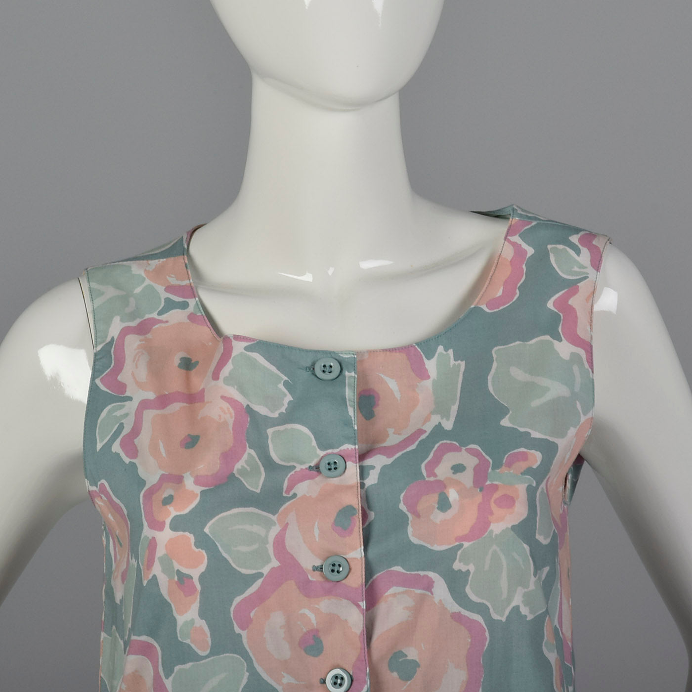 1980s Sage Green Jumpsuit with Pastel Floral Print