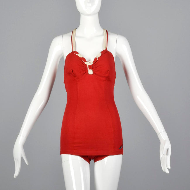 1930s Jantzen Red Swimsuit with Drawstring Back