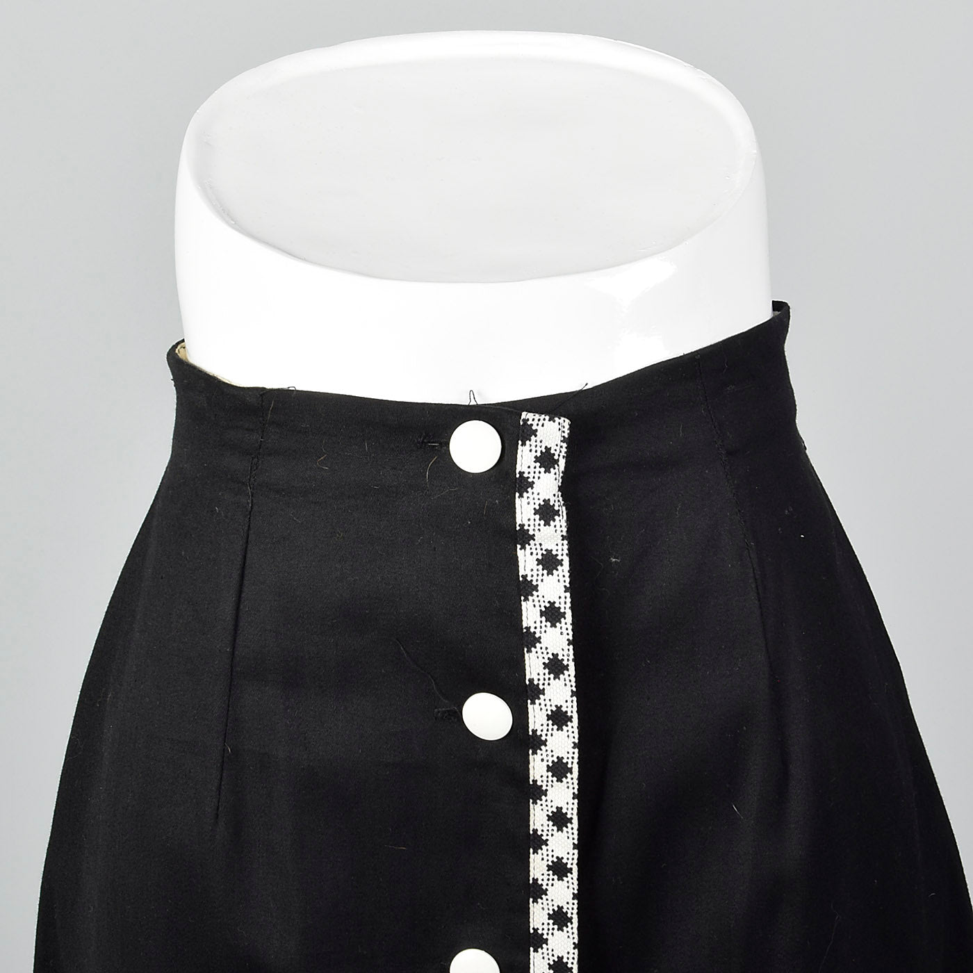 1960s Black Polished Cotton Skirt with White Trim