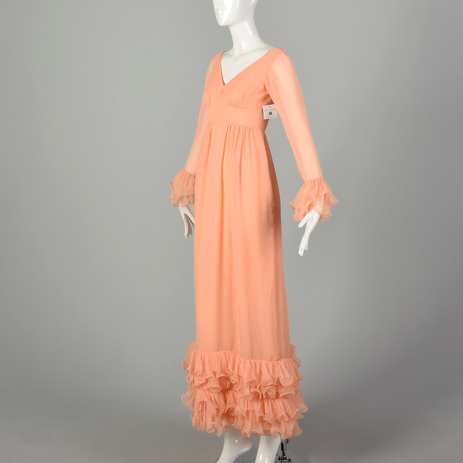 XS 1960s Lillie Rubin Sherbet Gown Maxi Evening Dress Flowy Modest Orange Pastel Long Sleeve Ruffle