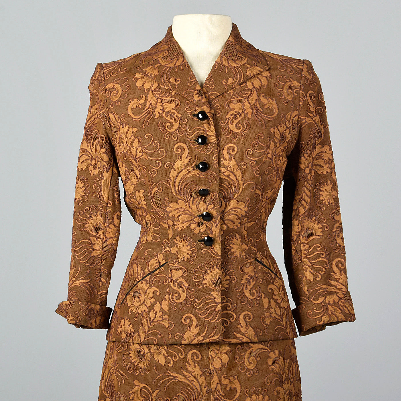 1950s Brown Lace Overlay Skirt Suit