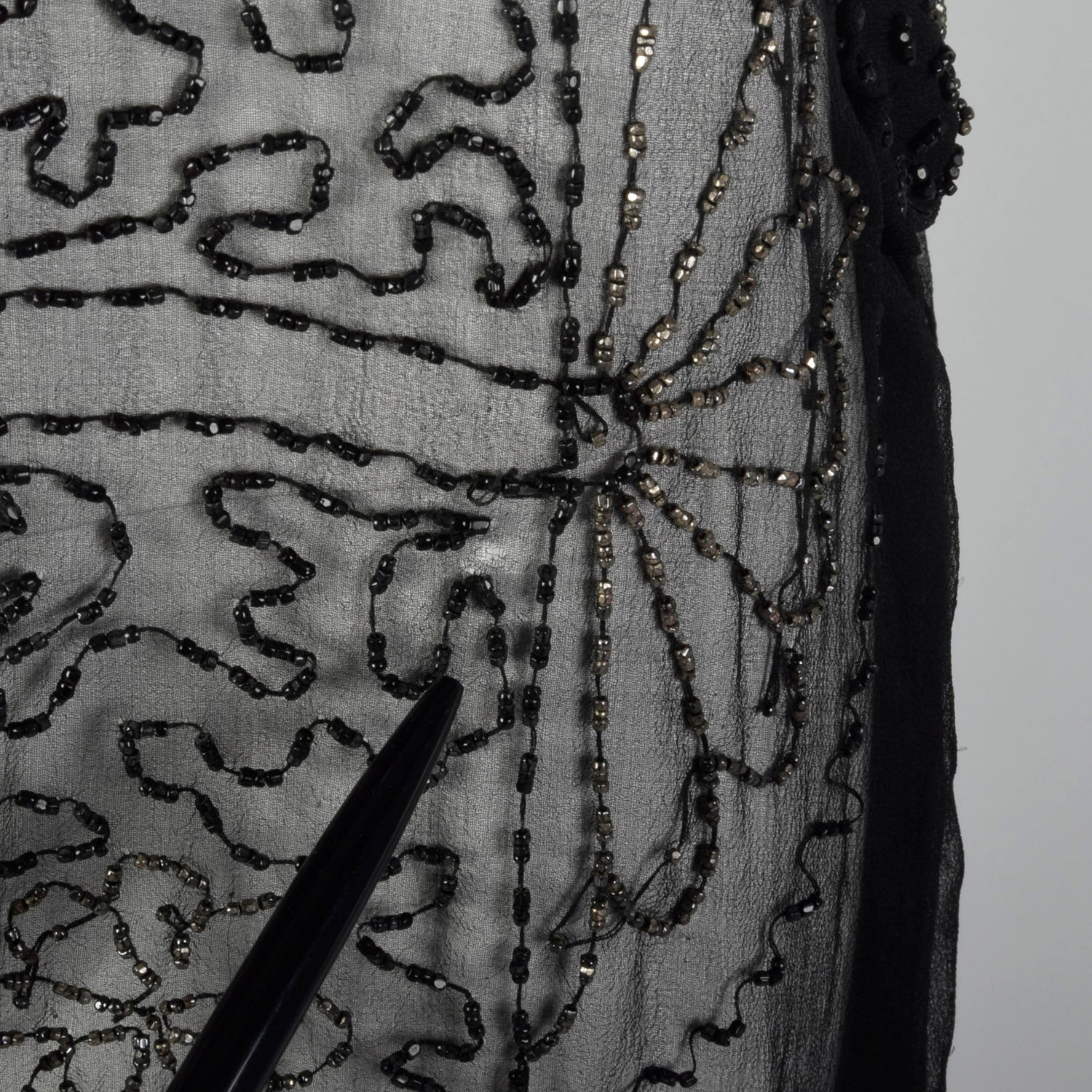1920s Beaded Sheer Black Dress with Hip Sashes