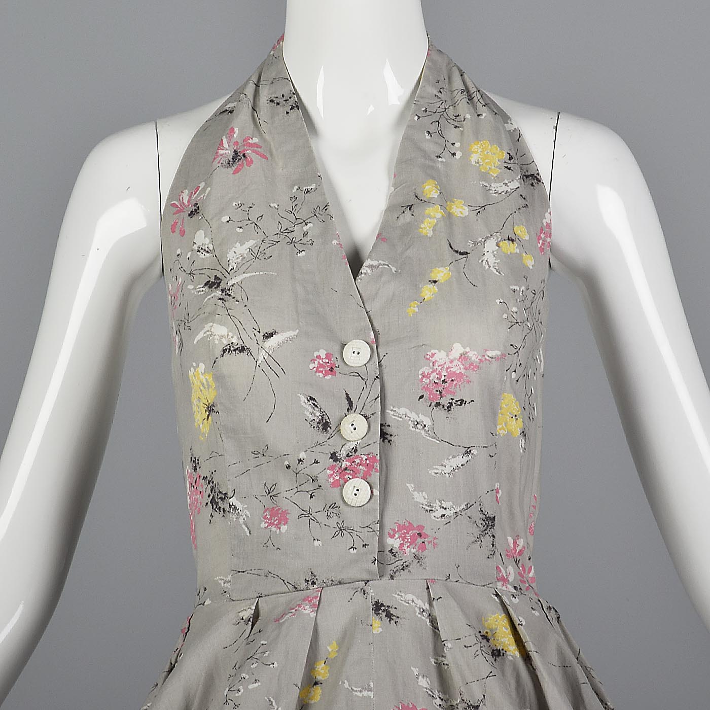 1950s Gray Floral Print Halter Dress with Full Circle Skirt