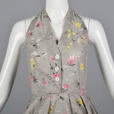 1950s Gray Floral Print Halter Dress with Full Circle Skirt