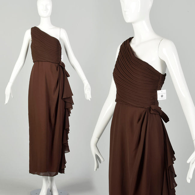 XS 1980s Morton Myles Brown Asymmetric One-Shoulder Maxi Dress