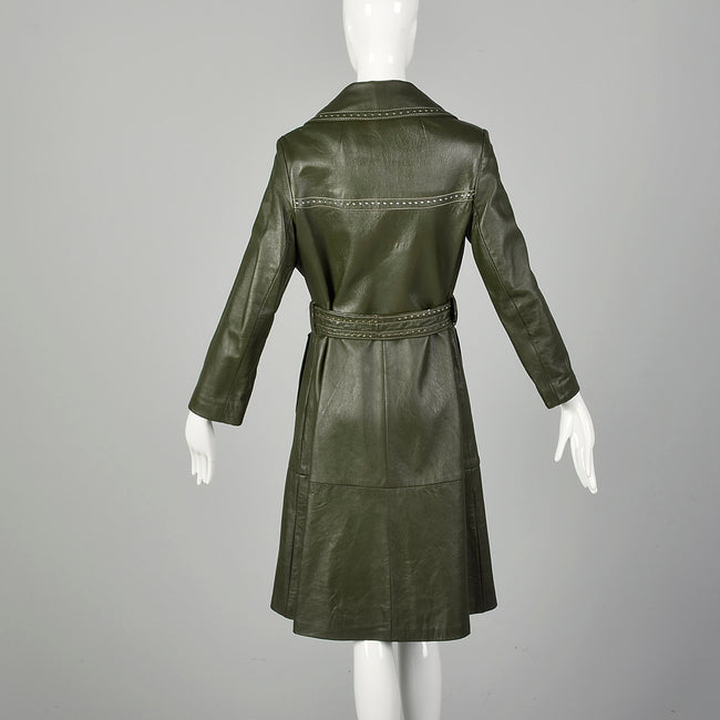 Small 1970s Green Leather Boho Trench Coat Topstitch