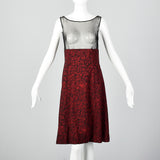 1960s Black and Red Print Dress with Mesh Bodice and Matching Overlay Top