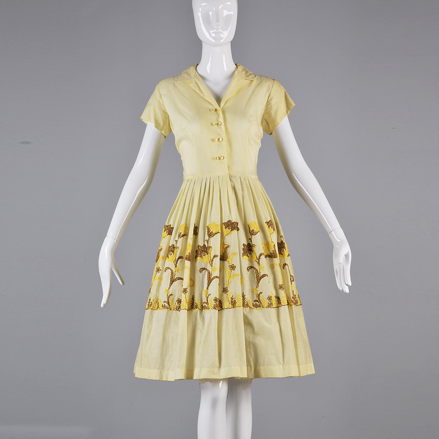 1950s Yellow Day Dress with Floral Embroidery