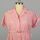 XXL 1950s Day Dress Pink Striped Lightweight Embroidered Belted Summer Short Sleeve