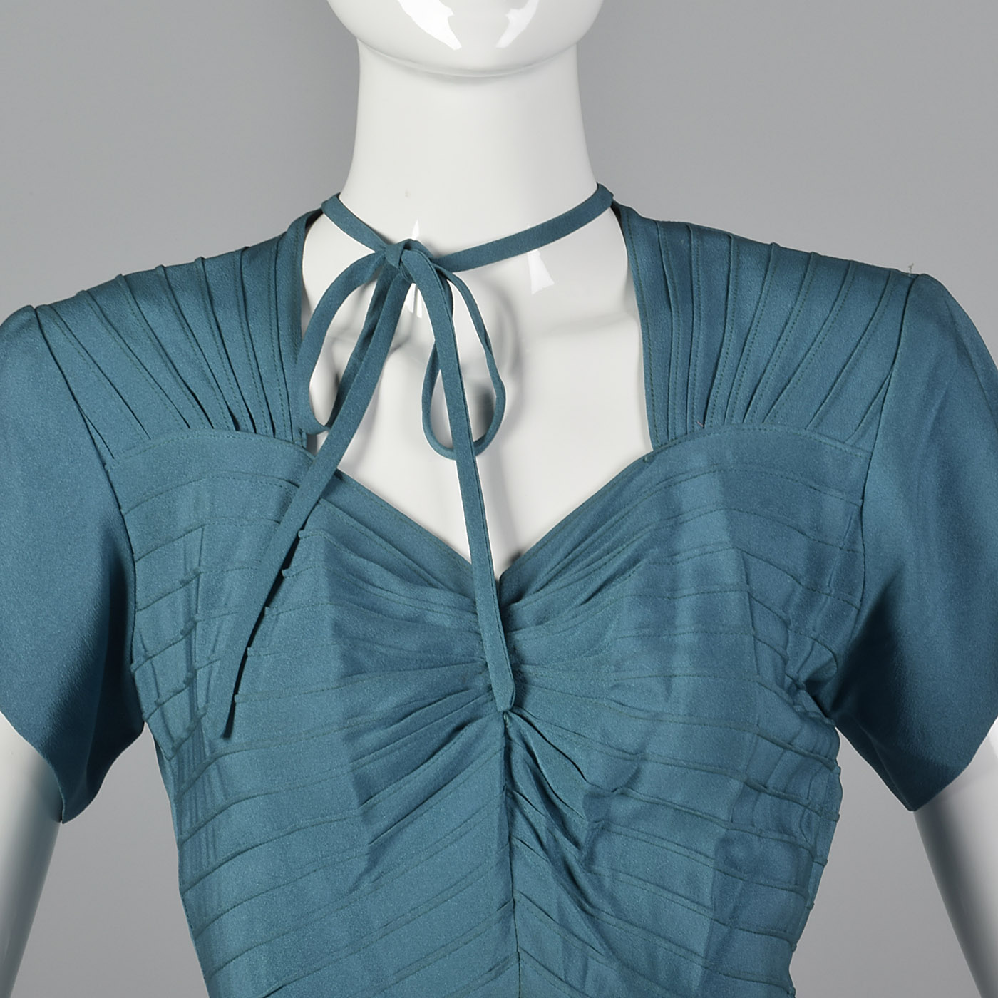 1940s Teal Rayon Dress with Neck Tie
