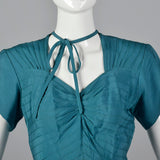 1940s Teal Rayon Dress with Neck Tie