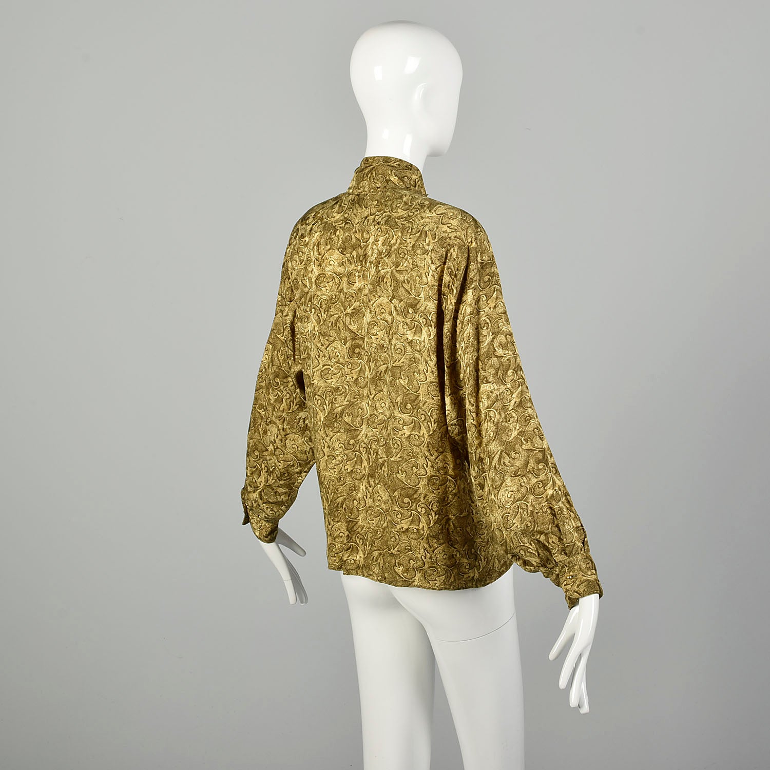 Medium 1980s St. John Blouse Green Gold Button-Up Silk Print Shirt
